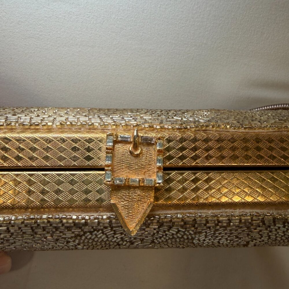 Vintage 50s Gold Beaded Minaudière Clutch Evening Bag Purse - Picture 8 of 16